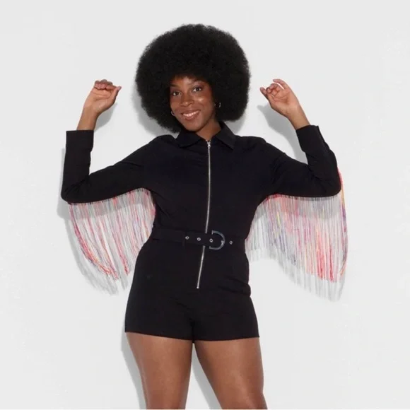 PRIDE Black Shorts Jumpsuit Romper Zip Front w Colorful Fringe Size S  NWT - Picture 11 of 13